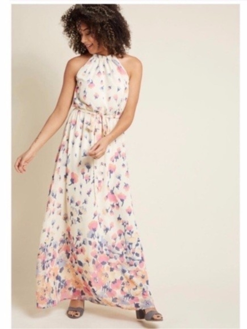 ModCloth Cream Halter Maxi Dress with Pink and Blue Floral Print